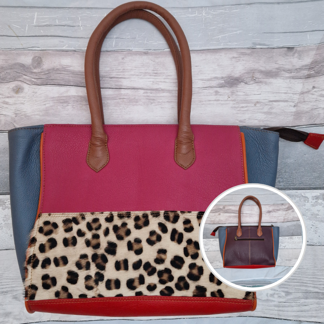 Long handled ladies handbag made from brightly coloured leather off-cuts with a textured panel of leopard print.