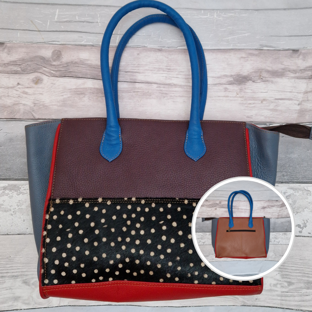 Long handled ladies handbag made from brightly coloured leather off-cuts with a textured panel of spot print.