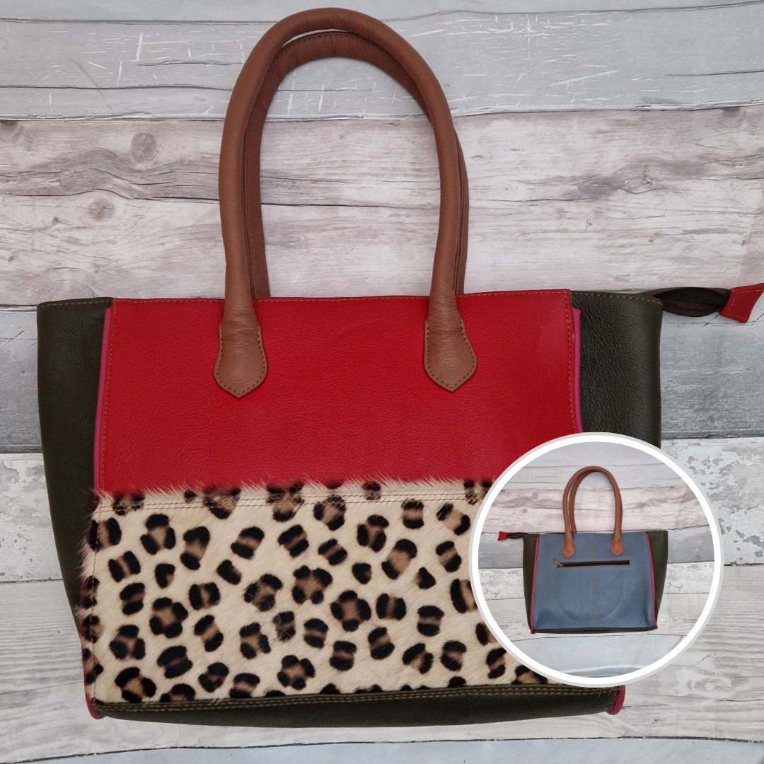 Long handled ladies handbag made from brightly coloured leather off-cuts with a textured panel of leopard print.