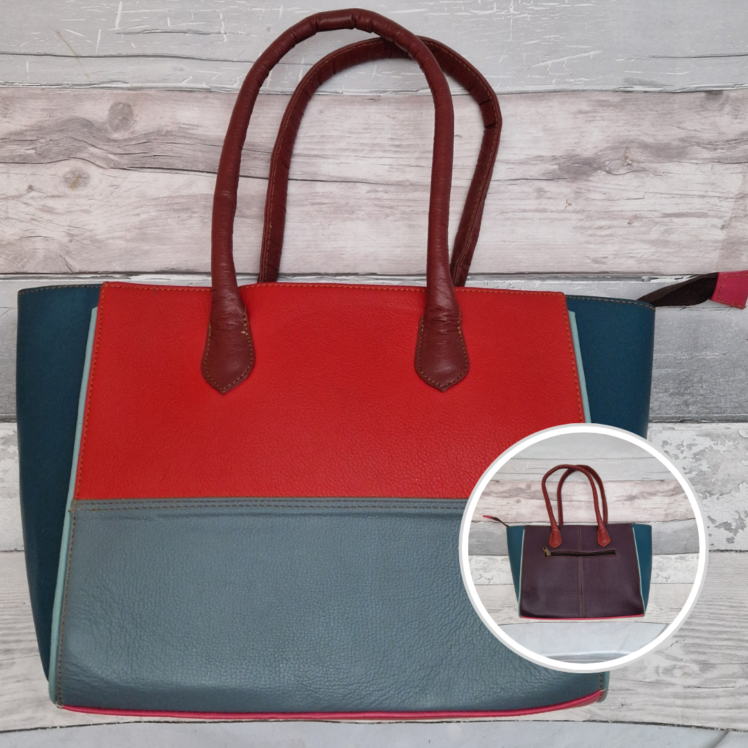 Long handled ladies handbag made from brightly coloured leather off-cuts.