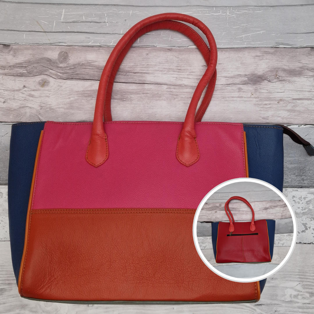 Long handled ladies handbag made from brightly coloured leather off-cuts.