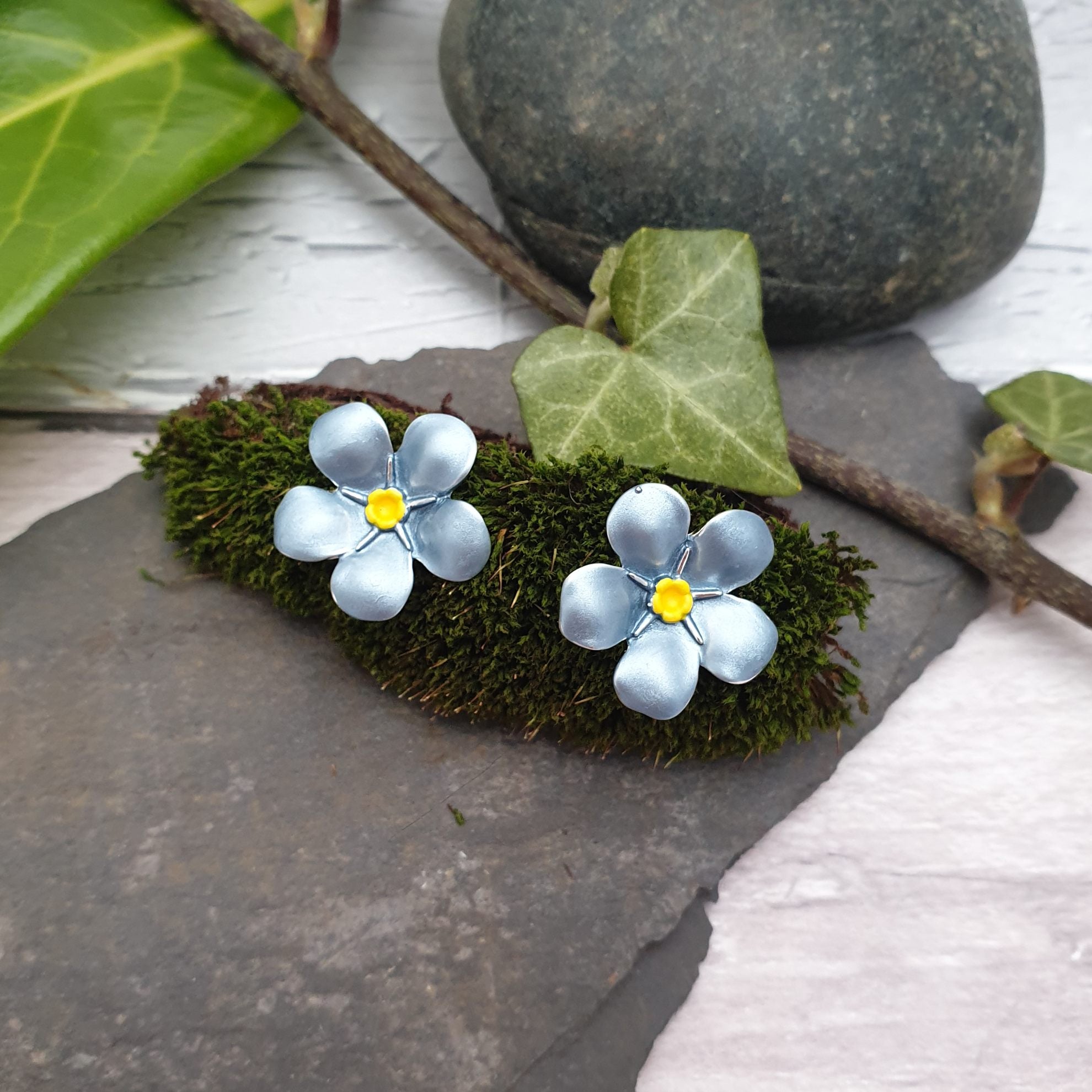 Pair of hand painted Forget-me-not stud earrings