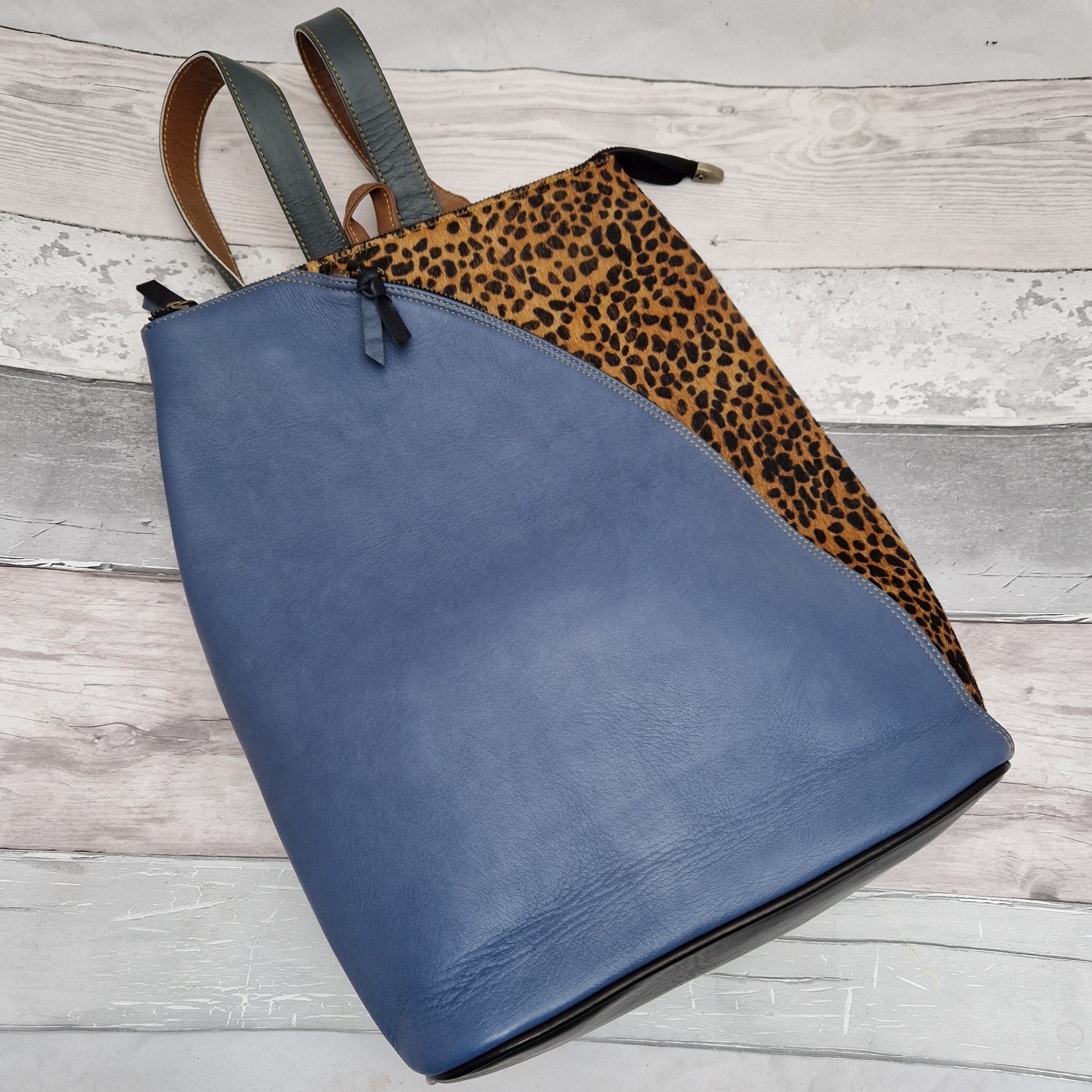 Stone Blue Leather Cheetah Print Back Pack Beatrice Sassy Spirit